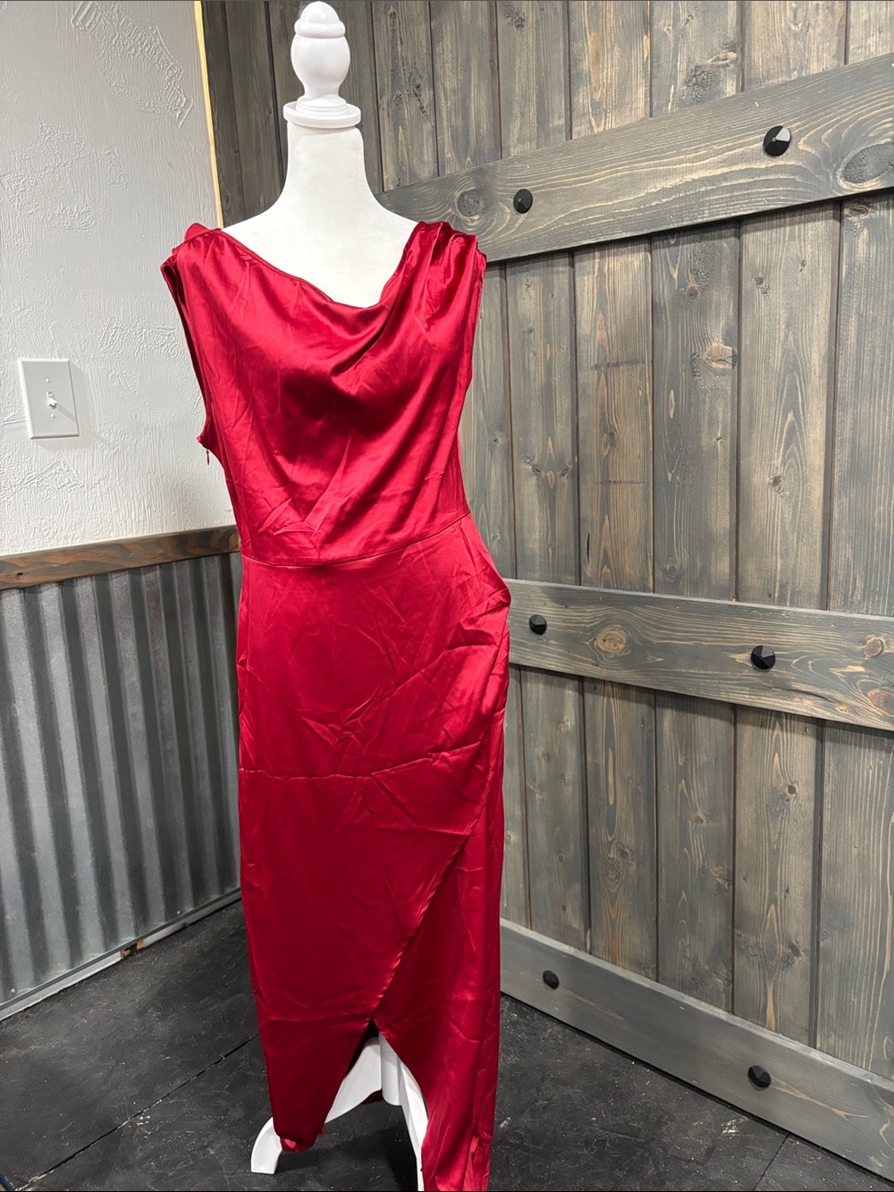 Commense Red Satin One-Shoulder Cowl Dress